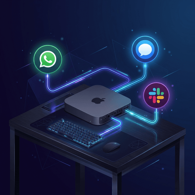 Mac Mini と OpenClaw をチャットアプリに接続するイメージ